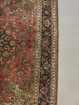 Vintage Persian-Style Floral Medallion Area Rug with Navy Border