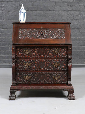 English Renaissance Revival Carved Oak Green Man Secretary Desk, c.1900's