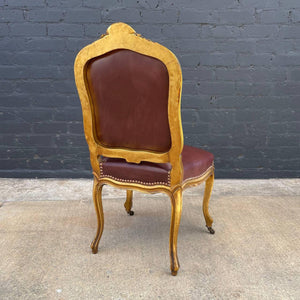 Pair of Antique French Louis XVI Gold-Leaf Gilded Carved Wood & Cognac Leather Side Chai
