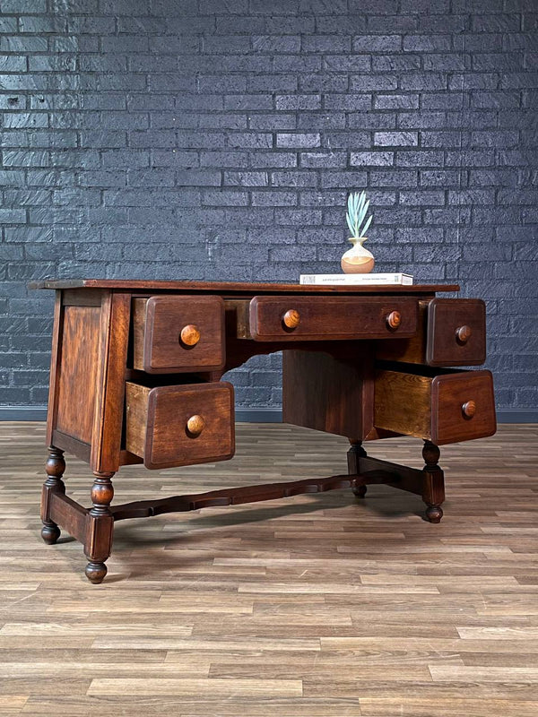American Colonial Revival Oak Writing Desk w/ Turned Legs, c.1930’s