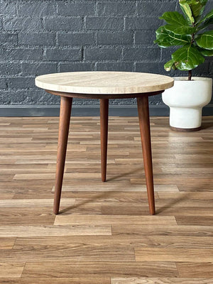 Mid-Century Modern Walnut Tripod Side Table w/ Travertine Marble Stone,c.1960’s