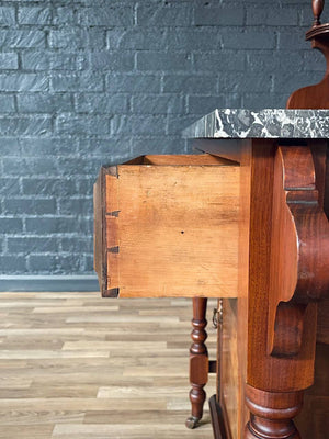 Victorian Eastlake Black Marble-Top Washstand w/ Mirror & Floral Tiles, c.1940’s
