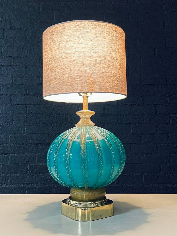 Hollywood Regency Italian Murano Glass & Brass Table Lamp in Turquoise Bullicante, c.1960’s