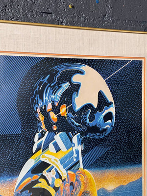 Signed Vintage Surreal Futurist Linocut Print Artwork, c.1979 – Limited Edition 4/100