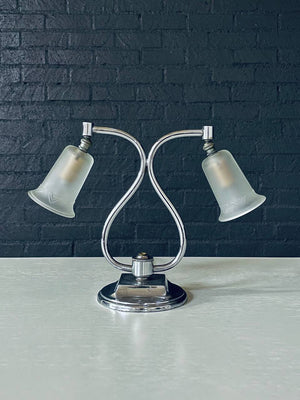 Art Deco Chrome Twin Arm Desk Lamp w/ Frosted Glass Shades, c.1930’s