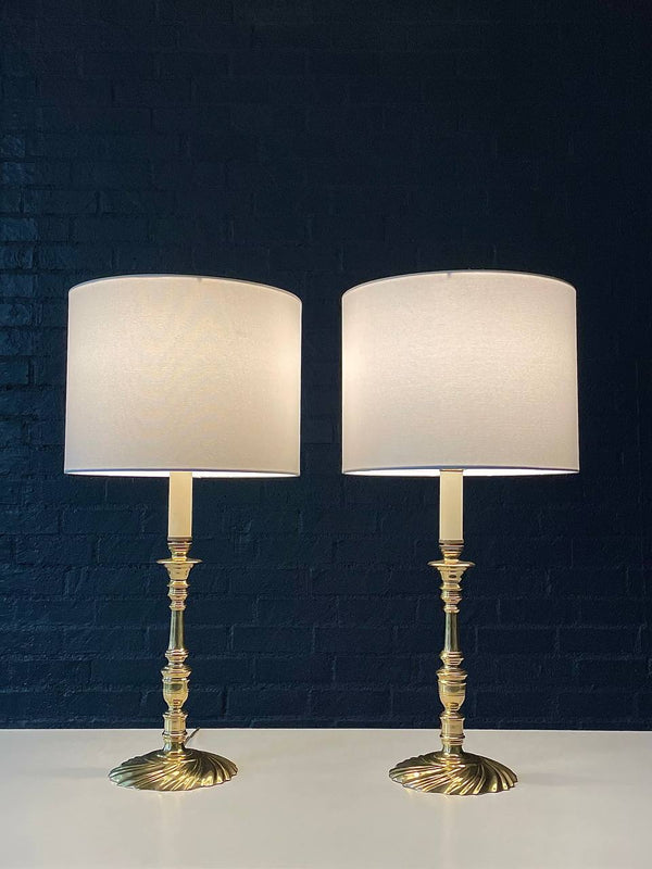 Pair of Spiral Decorated Queen Anne Brass Candlesticks Style Table Lamps, c.1970’s