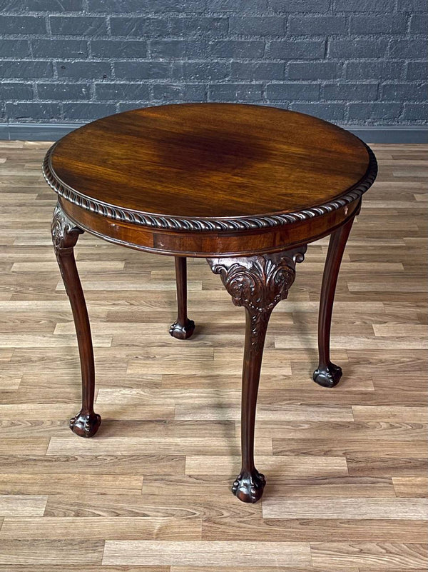 English Chippendale Style Mahogany Round Side Table w/ Ball & Claw Feet, c.1920’s