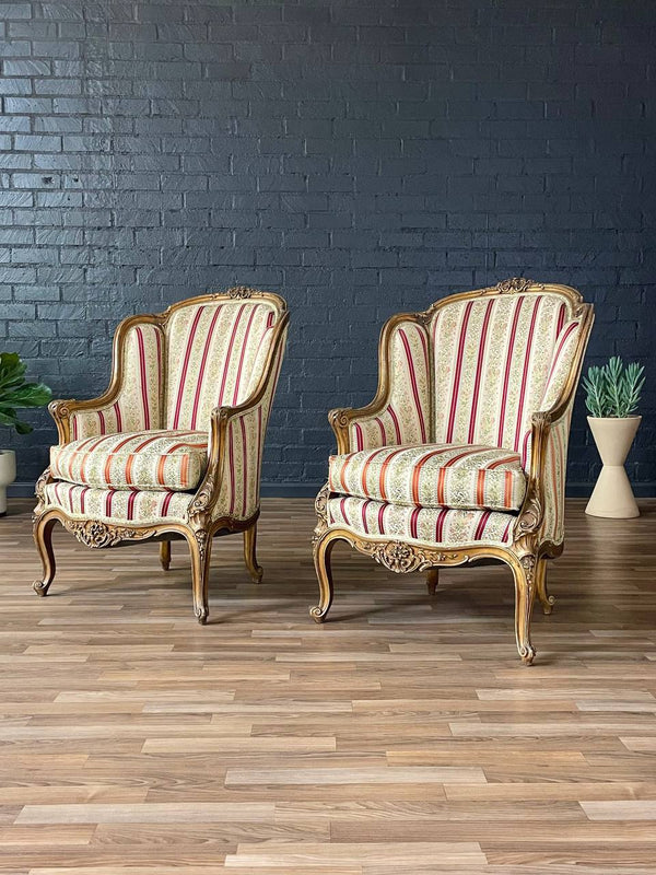 Pair of French Louis XV Style Giltwood Bergère Armchairs, c.1940’s