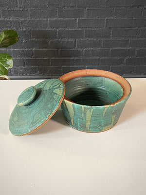 Mid-Century Studio Pottery Lidded Vessel w/ Dripped Green Glaze, c.1960’s
