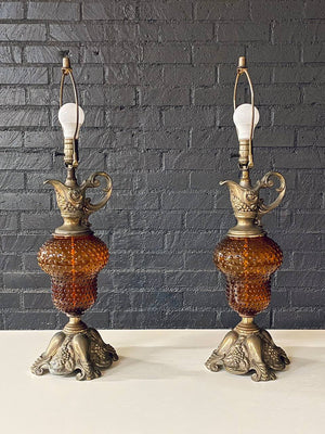 Pair of Hollywood Regency Lamps w/ Hobnail Amber Glass, c.1960’s
