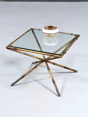 Vintage French Hollywood Regency Faux Bamboo Gilt Iron & Glass Side Table, c.1960’s