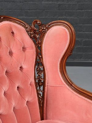 Antique Victorian Rococo Revival Carved Walnut & Velvet Wingback Chair, c.1950’s