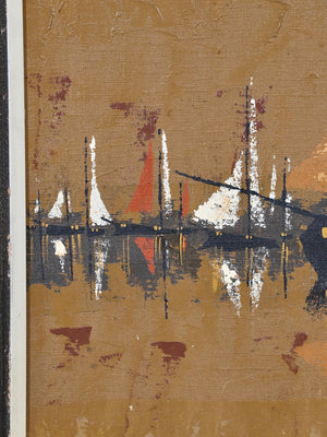 Jacques Henri Guyot French Mid-Century Modern Harbor Scene Oil Painting w/ Sailboats, c.1960’s
