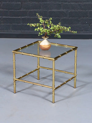 Pair of Hollywood Regency Faux Brass Bamboo & Glass Side Tables, c.1960’s