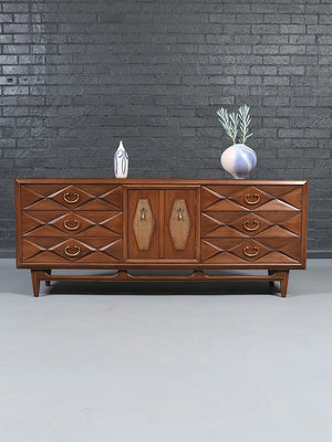 Mid-Century Modern Sculpted Dresser w/ Cane & Brass Accents, c.1960’s