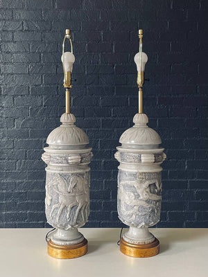 Pair of Monumental Neoclassical Revival Marble Table Lamps w/ Mythological Bas-Relief, c.1960s