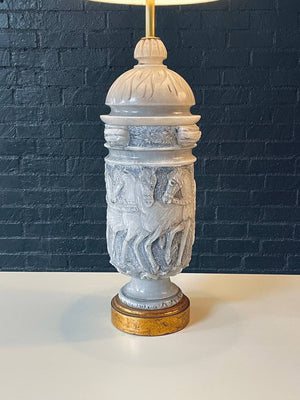 Pair of Monumental Neoclassical Revival Marble Table Lamps w/ Mythological Bas-Relief, c.1960s