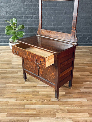 Antique Victorian Eastlake Tiger Oak Hall Stand with Mirror, c.1920’s
