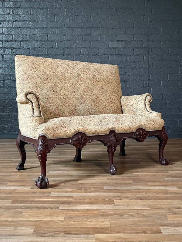 Antique Chippendale Revival Carved Mahogany Loveseat w/ Ball & Claw Feet, c.1930s
