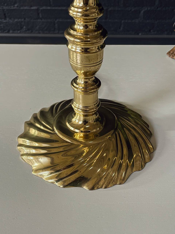 Pair of Spiral Decorated Queen Anne Brass Candlesticks Style Table Lamps, c.1970’s