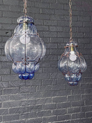 Pair of Vintage Blue Bubble Glass & Iron Pendant Lantern Lights, c.1960’s