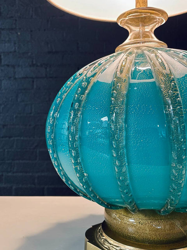 Hollywood Regency Italian Murano Glass & Brass Table Lamp in Turquoise Bullicante, c.1960’s