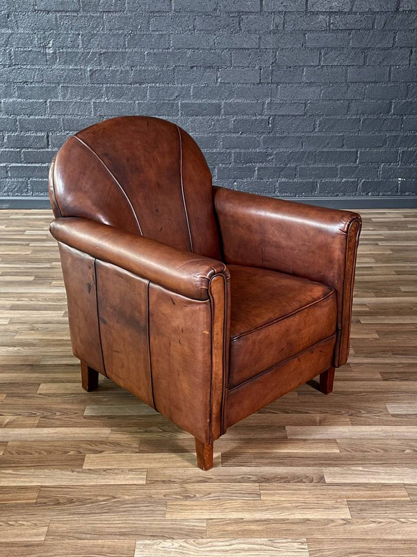Vintage French Art Deco Style Leather Club Chair w/ Patinated Cognac