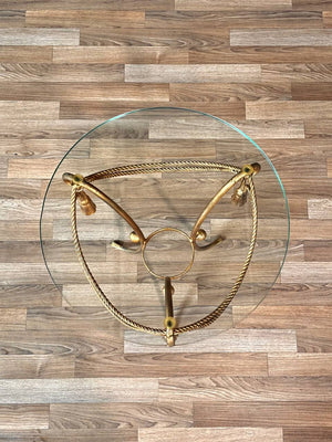 Italian Hollywood Regency Gilt Metal Rope & Tassel Side Table w/ Glass Top, c.1960’s