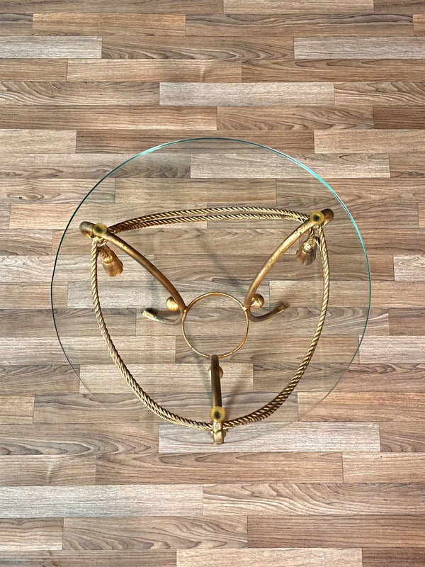 Italian Hollywood Regency Gilt Metal Rope & Tassel Side Table w/ Glass Top, c.1960’s