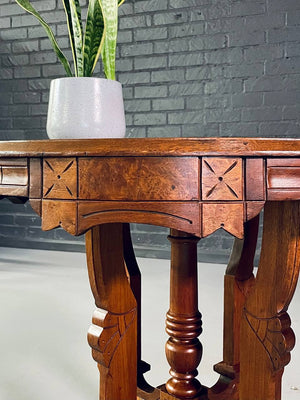 Victorian Eastlake Walnut & Burl Wood Round Center Table w/ Porcelain Casters c.1900's