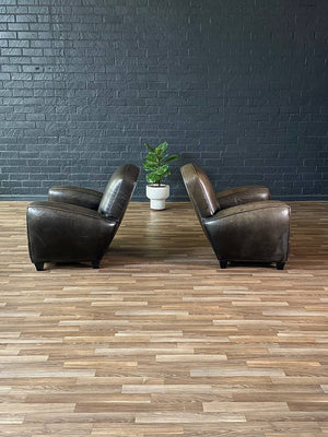 Pair of Art Deco Style Dark Olive Green Leather Chairs