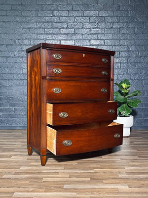 Vintage Federal Revival Mahogany Highboy Dresser w/ Brass Pulls, c.1950s