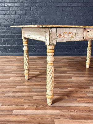 American Farmhouse Painted Oak Harvest Dining Table, Distressed Finish, 1940’s