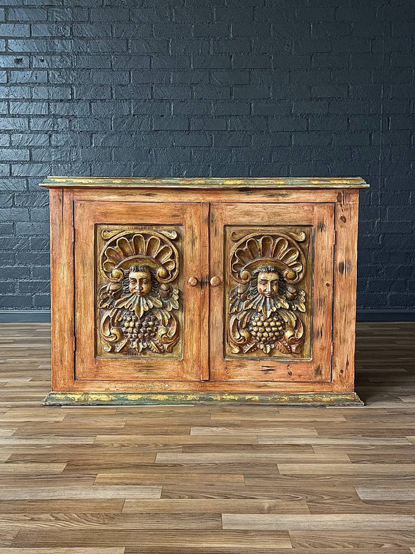 Rustic Spanish Colonial Hacienda Cabinet w/ Hand-Carved Faces, c.1960’s