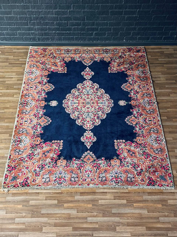 Large Persian Kashan Rug Hand-Knotted Rust Floral Medallion on Deep Indigo Field, c.1930s