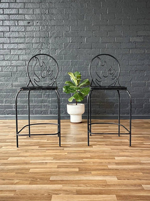 Pair of Post Modern Memphis-Style Wrought Iron Barstools w/ Flame Backrest, c.1980s
