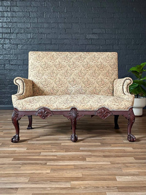 Antique Chippendale Revival Carved Mahogany Loveseat w/ Ball & Claw Feet, c.1930s