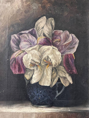 Antique 1894 Still Life Oil Painting of Irises in Ornate Gilded Frame – Signed M. Merle