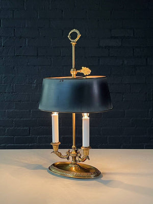 Vintage French Bouillette Double Brass Table Lamp with Tole Shade, c.1960’s