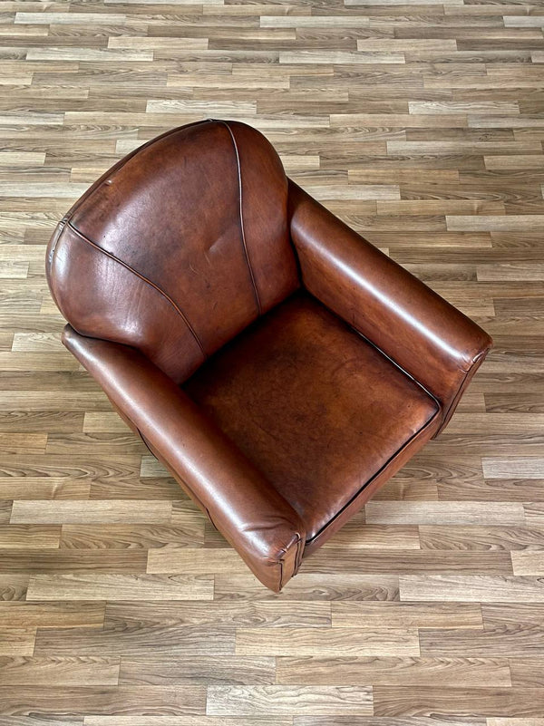 Vintage French Art Deco Style Leather Club Chair w/ Patinated Cognac