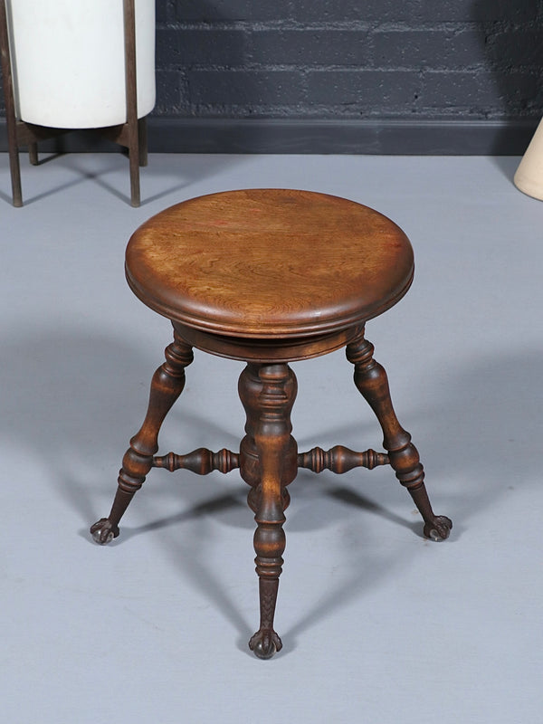 American Victorian Adjustable Piano Stool w/ Ball & Claw Glass Feet, c.1930’s