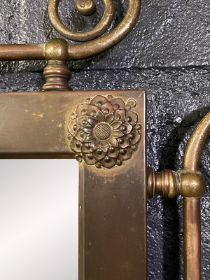 Antique Victorian Revival Brass Wall Mirror with Floral Rosettes & Scrollwork, c.1950's