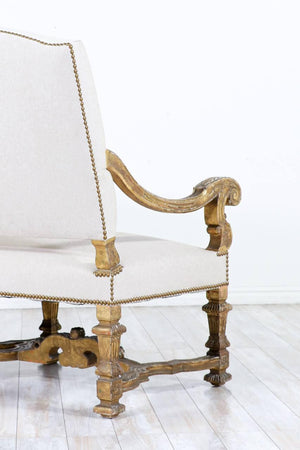 Italian Gold-Leaf Carved Giltwood & Linen Sofa