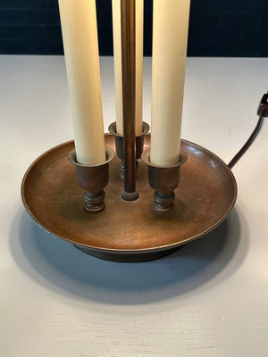 American Hollywood Regency Brass Three-Light Candelabra Table Lamp with Capiz Shell Shade, c.1970's
