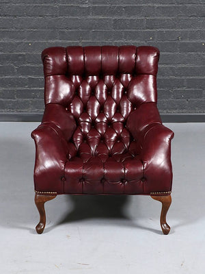 English Edwardian Chesterfield Style Leather Chair & Ottoman, c.1960's