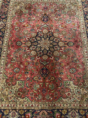 Vintage Persian-Style Floral Medallion Area Rug with Navy Border
