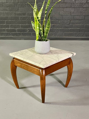 Italian Mid Century Modern White Veined Marble & Wood Side Table , c.1960's