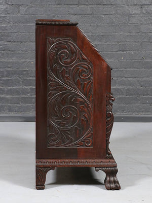 English Renaissance Revival Carved Oak Green Man Secretary Desk, c.1900's