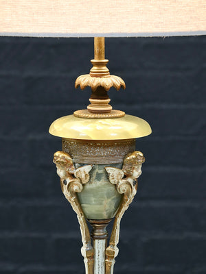 Italian Neoclassical Revival Green Onyx & Gilt Cherub Table Lamp, c.1950’s