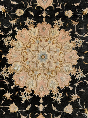 Persian-Style Black & Ivory Floral Medallion Rug with Inscription